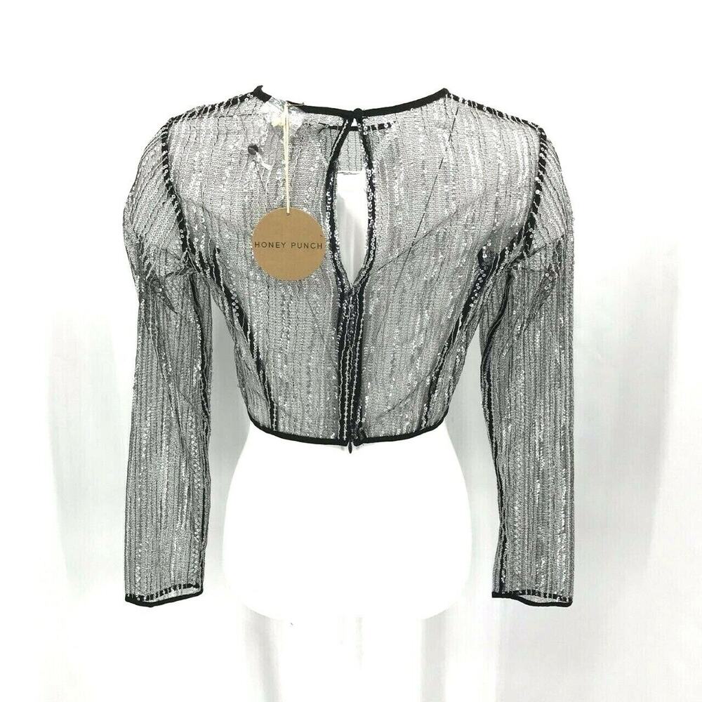 Honey Punch Women's Sheer Sequin Long Sleeve Crop Top Sz Small Black Silver NWT - Picture 4 of 6